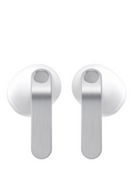 White true wireless earbuds with mesh speaker grille on each earbud