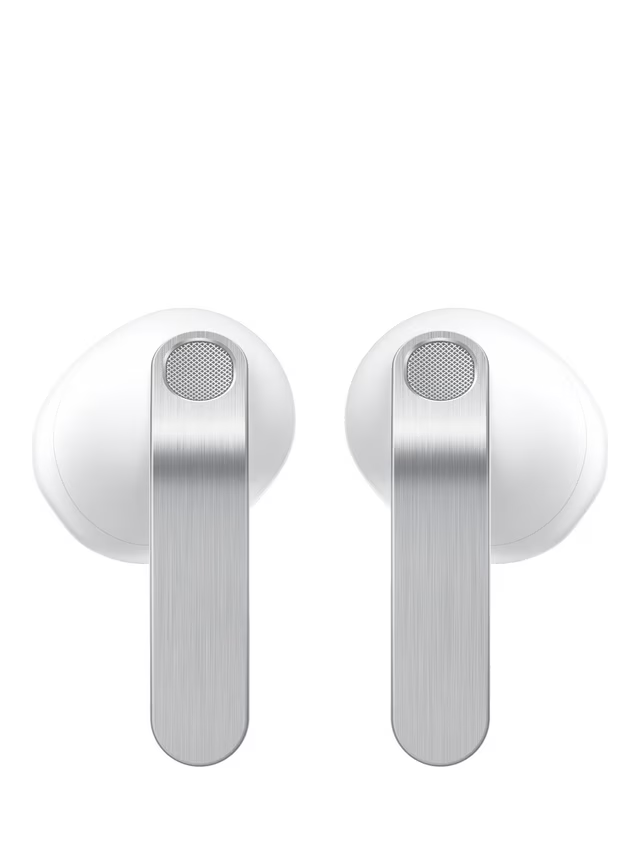 White true wireless earbuds with mesh speaker grille on each earbud