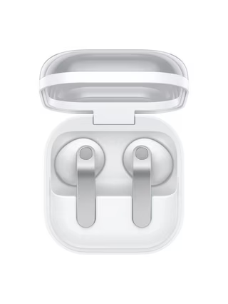White true wireless earbuds open case with two earbuds charging inside