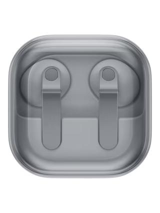 White charging case with earbuds seated, shown from above