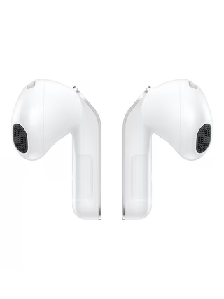 White earbuds pair with side speaker mesh and glossy stems
