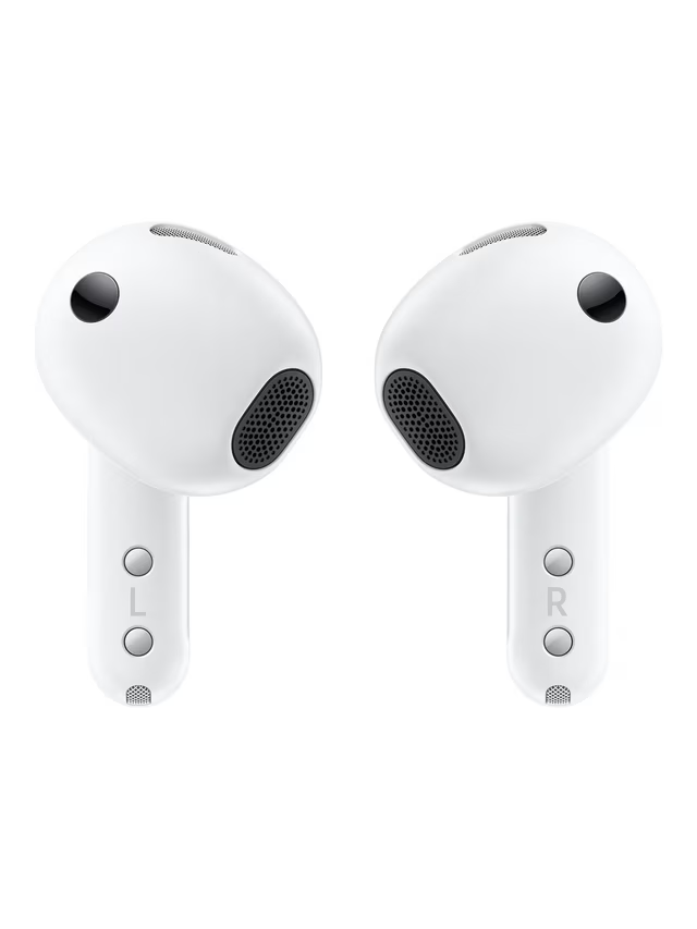 White earbuds with L and R markings, oval speaker vents, and control buttons