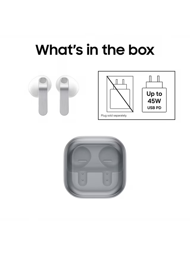 Earbuds and charging case in box, showing two earbuds and case