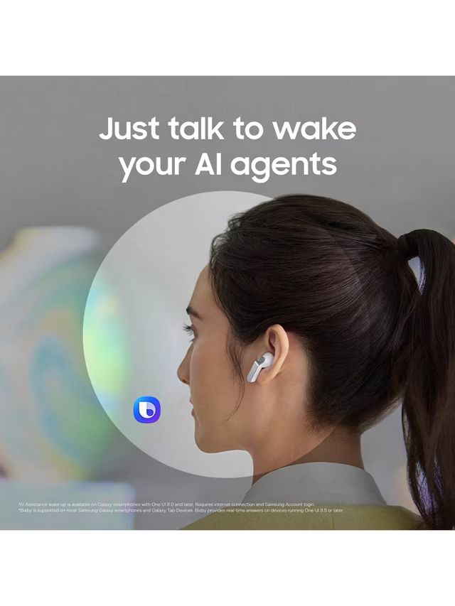 White earbuds worn in profile view, left earbud visible with speaker grille
