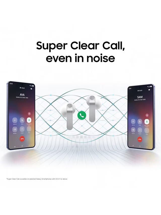 White earbuds centered between two phones, displaying speaker mesh and stems