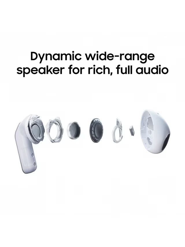 White true wireless earbuds set with charging case and tips, side view