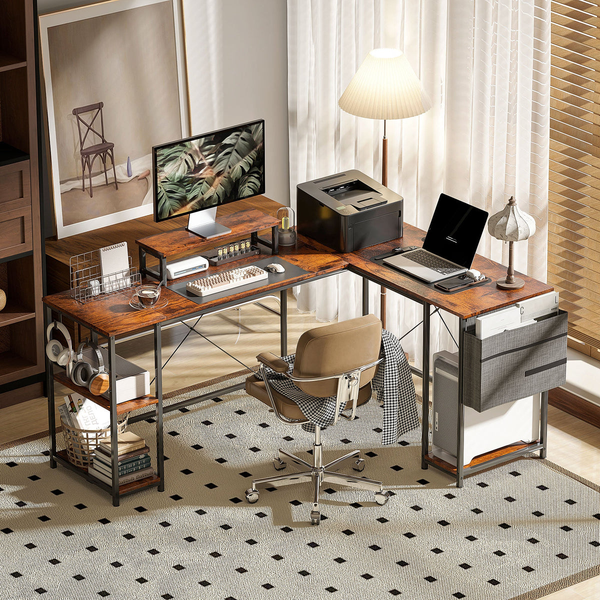 Reversible L-shaped desk with rustic brown top, drawer storage, and open shelving for office