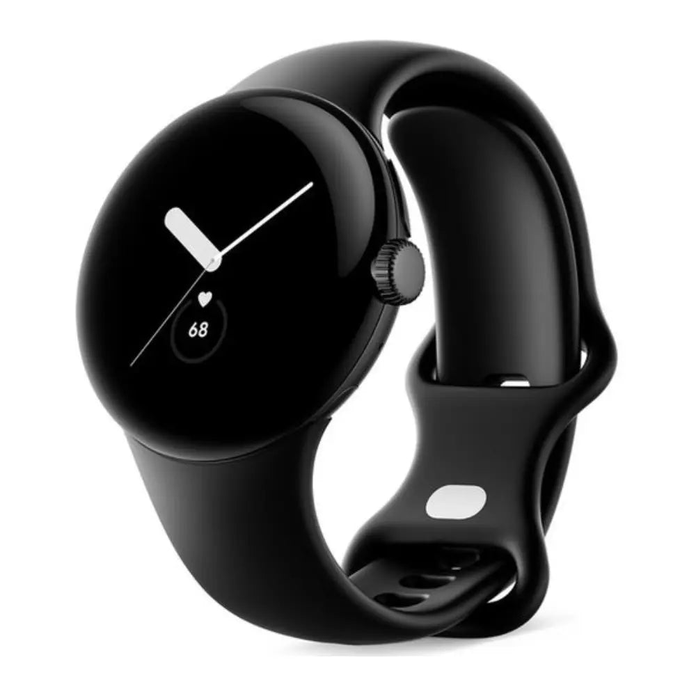 Google Pixel Watch smartwatch with black face, gold hands, and black silicone band