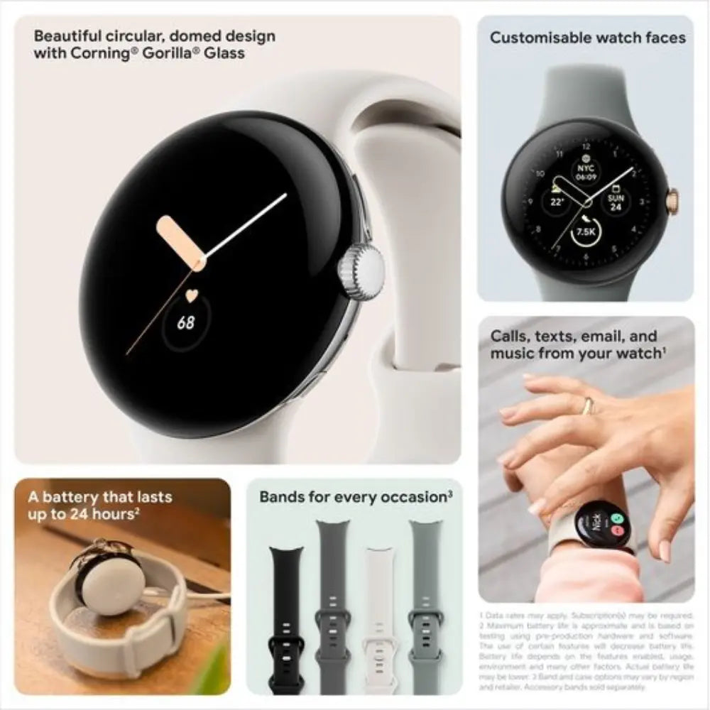 Black smartwatch with gold hands display, shown with band and side details