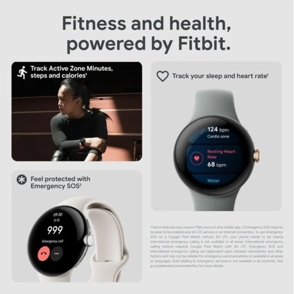 Round smartwatch with dark screen and gold markers, worn on light gray silicone strap