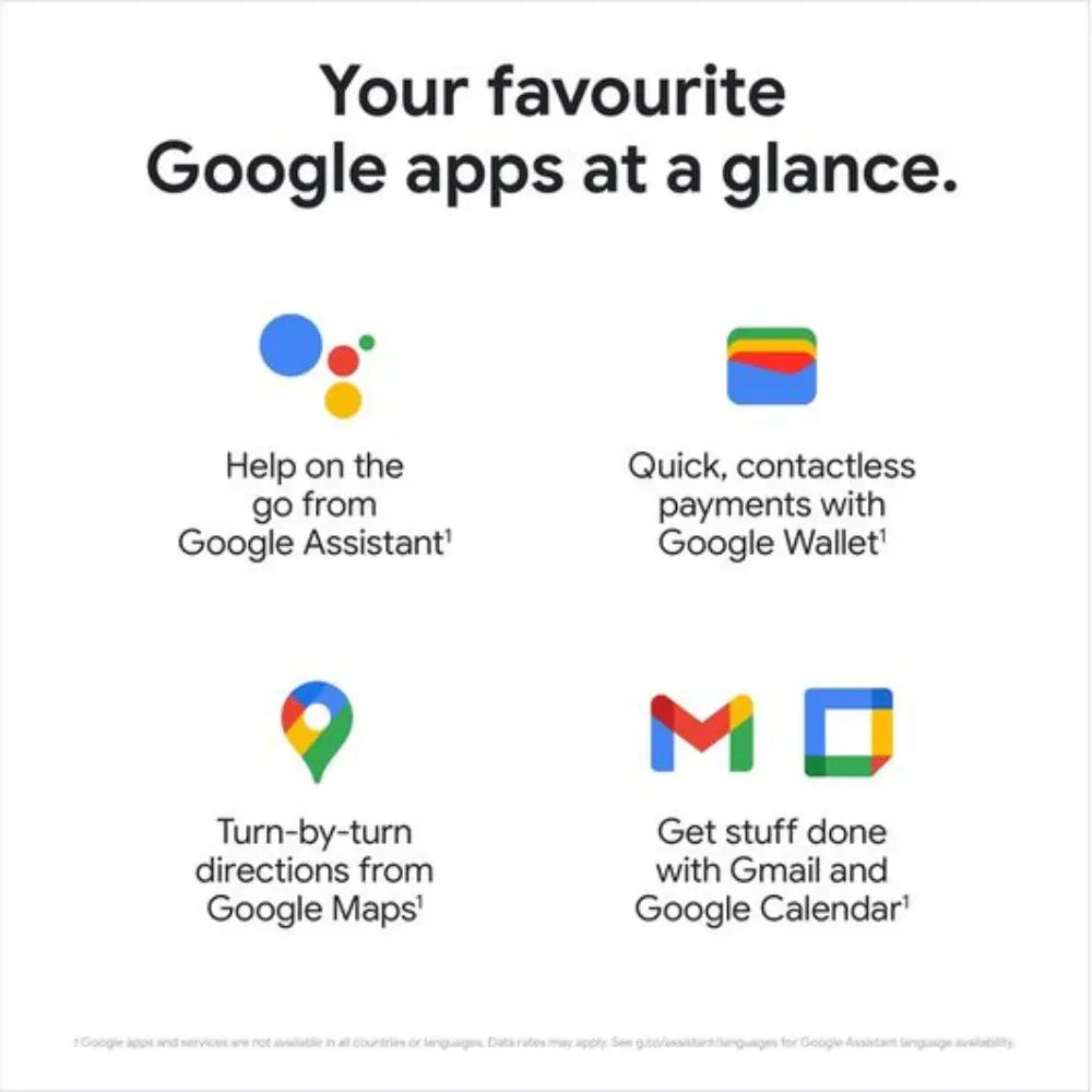 Promotional card showing Google app icons and smartwatch feature callouts