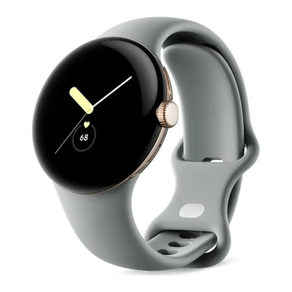 Black smartwatch with gold hands and light gray silicone strap, angled side view