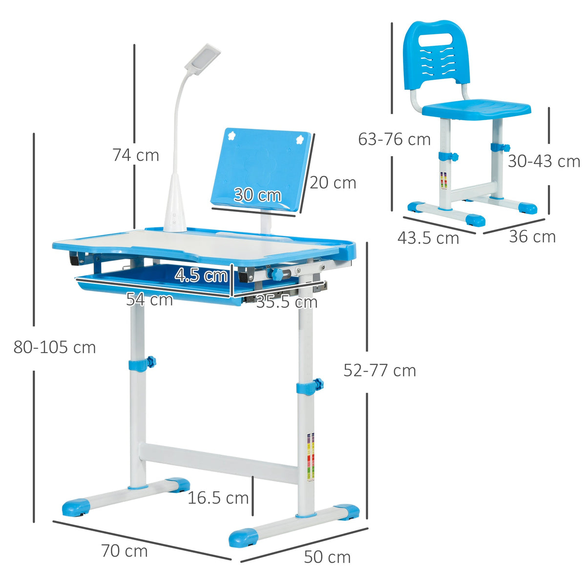 Kids study desk and chair set with size guide showing desk height and chair height ranges