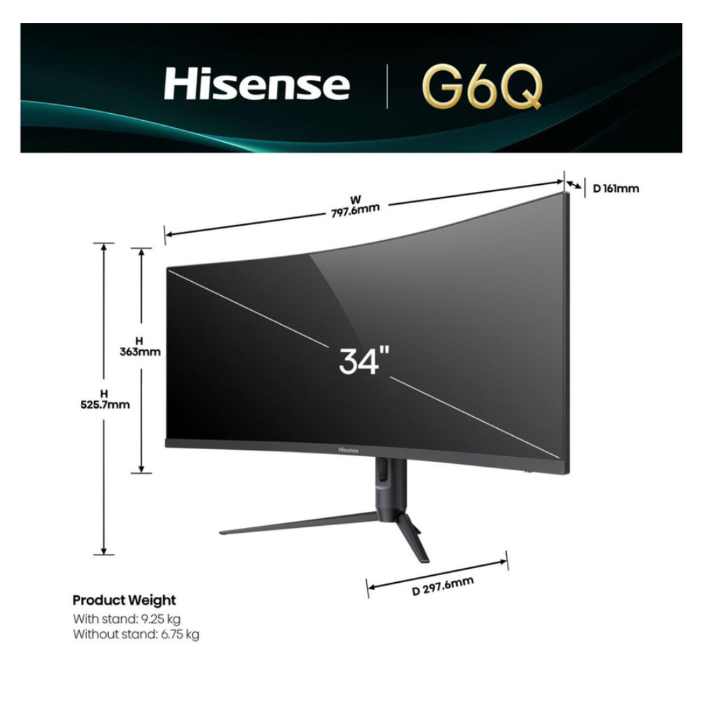 34-inch curved monitor diagram with measurements and three-prong base stand