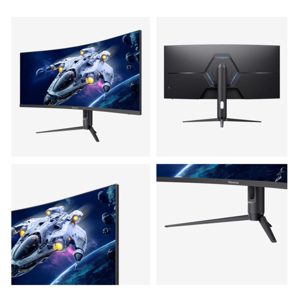 Curved ultrawide gaming monitor on three-prong stand, front and side views
