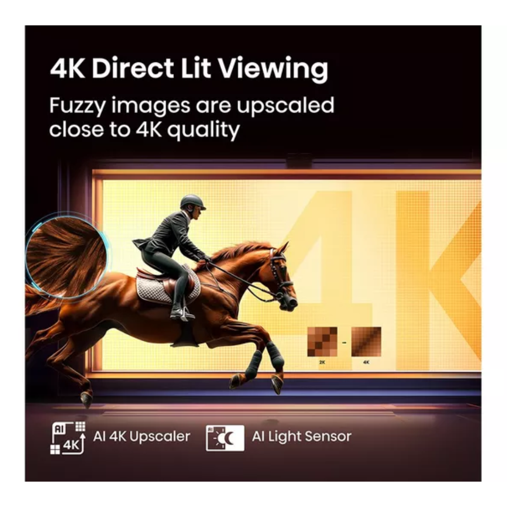 Hisense TV screen promoting 4K Direct Lit Viewing with AI 4K Upscaler and AI Light Sensor
