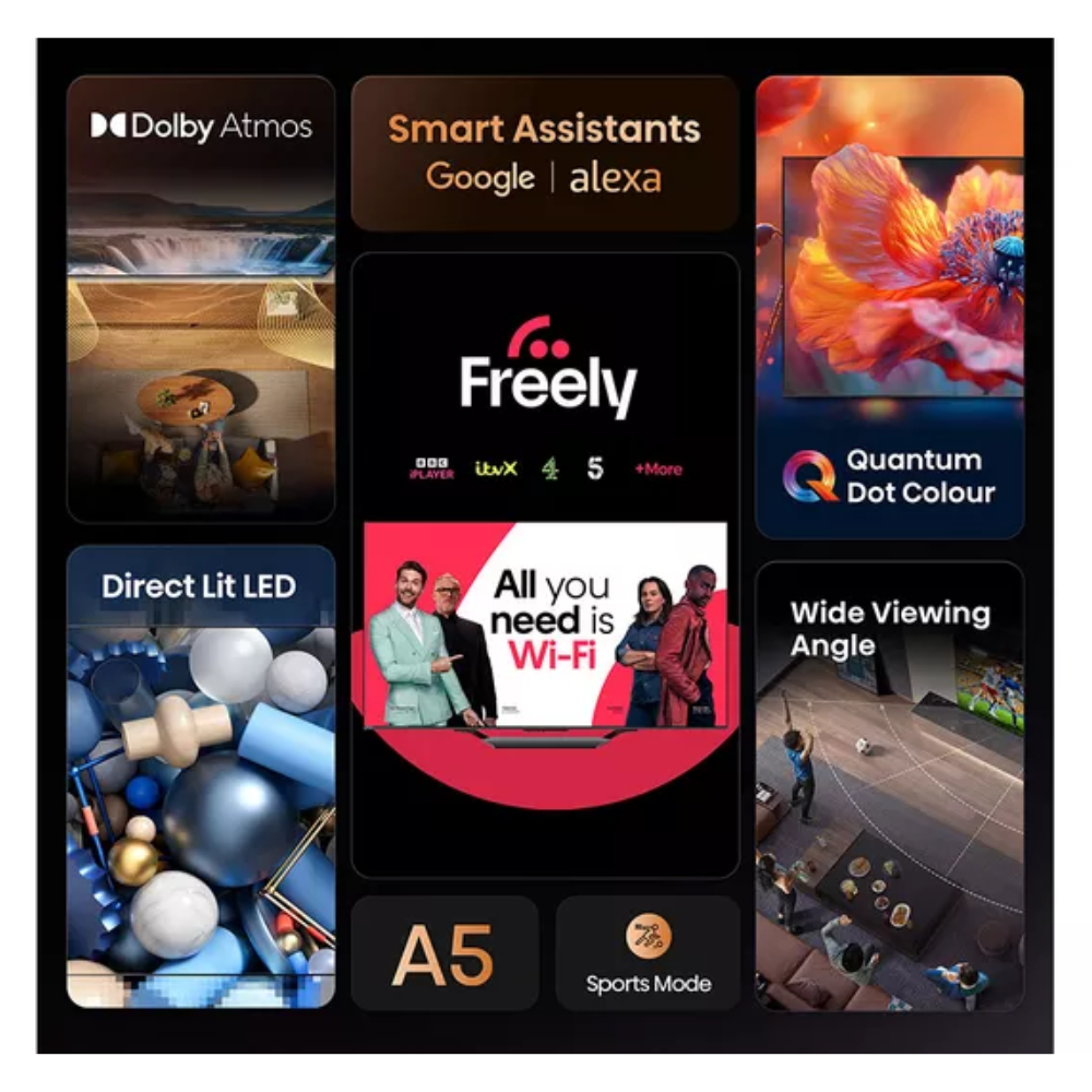 Hisense 32-inch QLED Smart TV screen with Freely, Google/Alexa tiles and apps