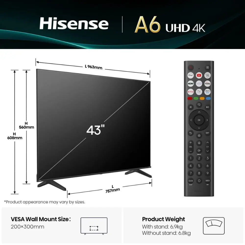 43-inch Hisense A6 UHD 4K LED TV with remote control and slim front design