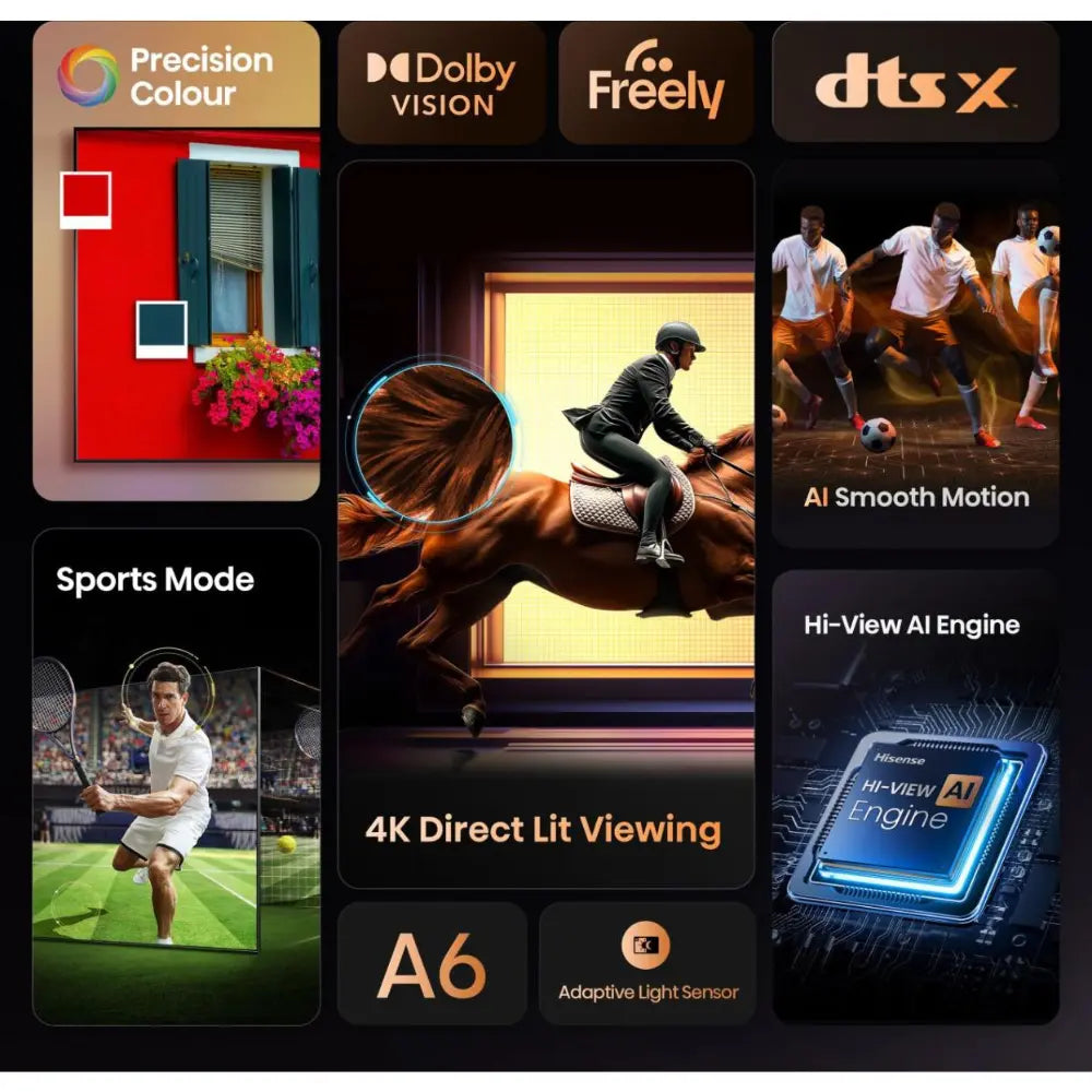 Hisense A6 4K HDR smart LED TV with Precision Colour and motion mode graphics