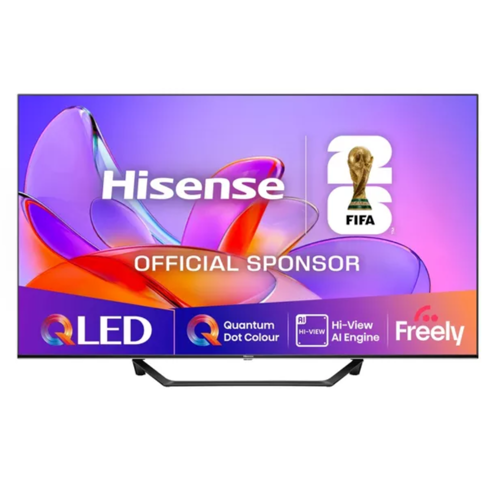 43-inch QLED 4K smart AI TV with Freely branding, front view on stand