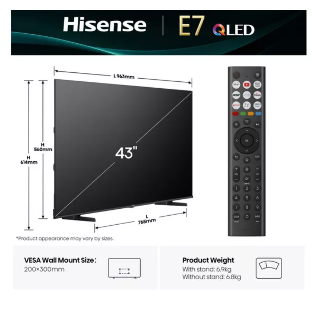43-inch QLED 4K TV size diagram with included remote control shown