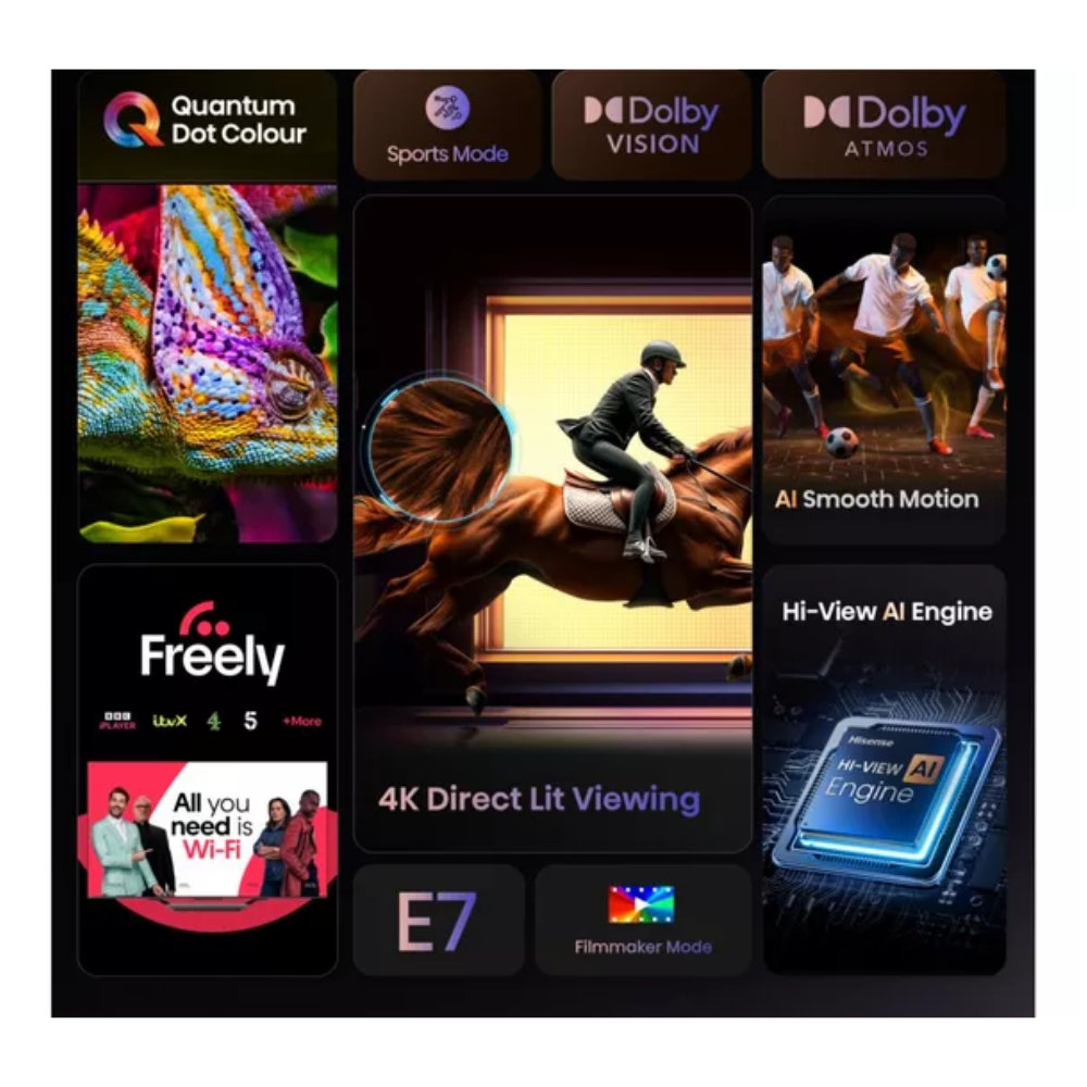 QLED 4K TV display with sports, Dolby Vision, and Freeley feature tiles