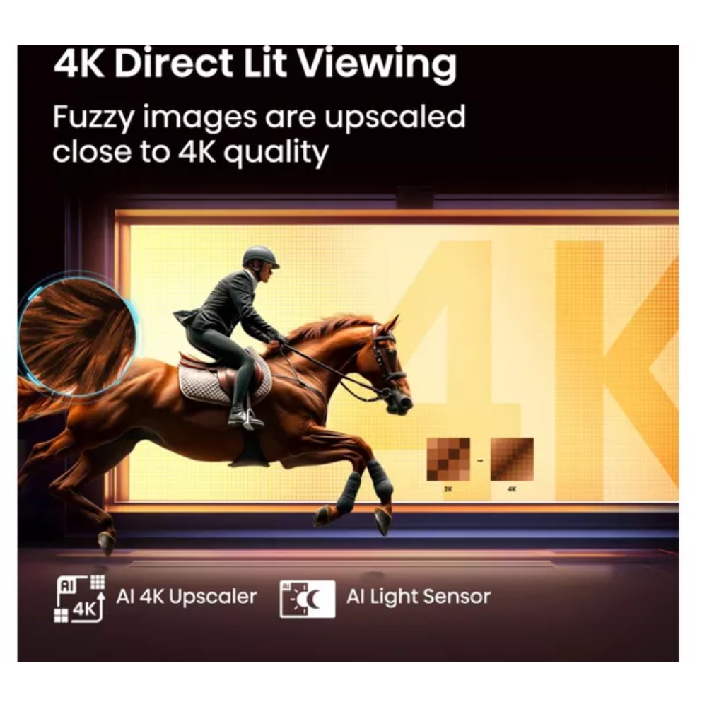 QLED 4K TV screen graphic for 4K Direct Lit Viewing with AI upscaler
