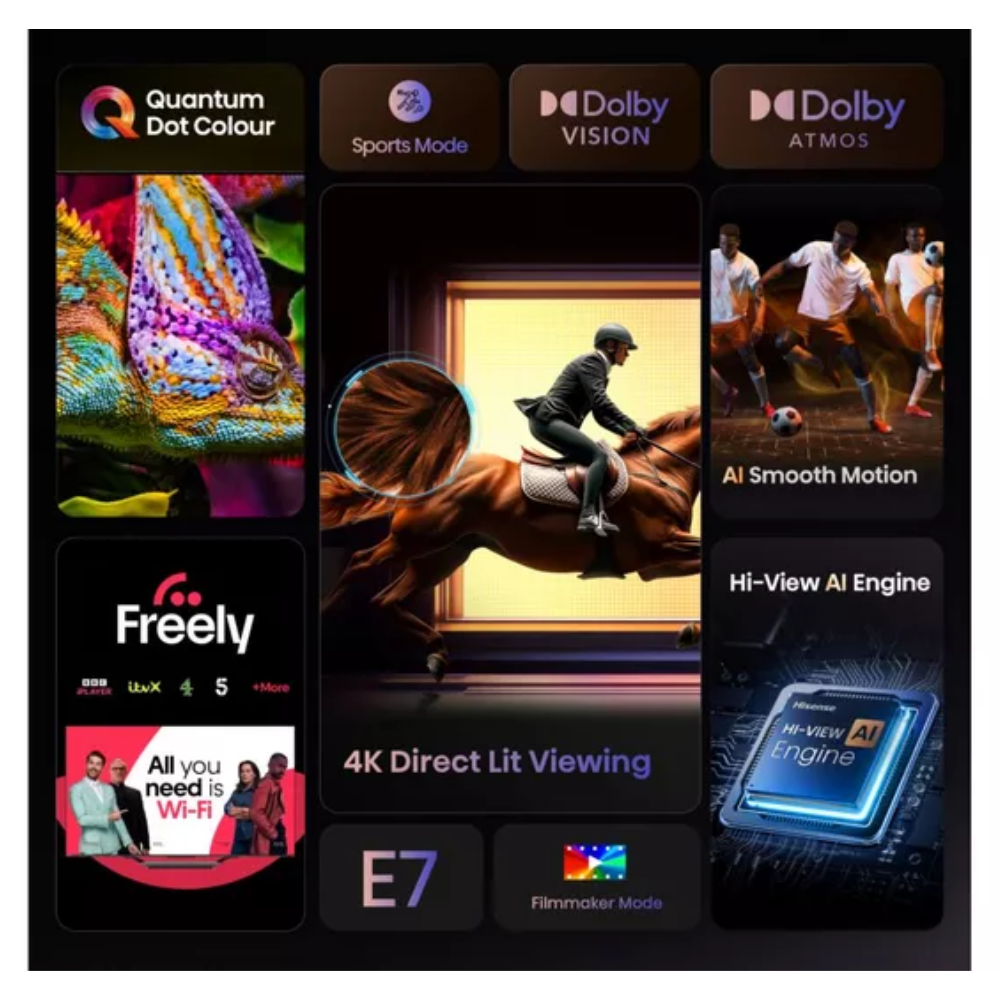 QLED 4K Smart AI TV screen with Freely, Dolby Atmos, and AI engine feature tiles