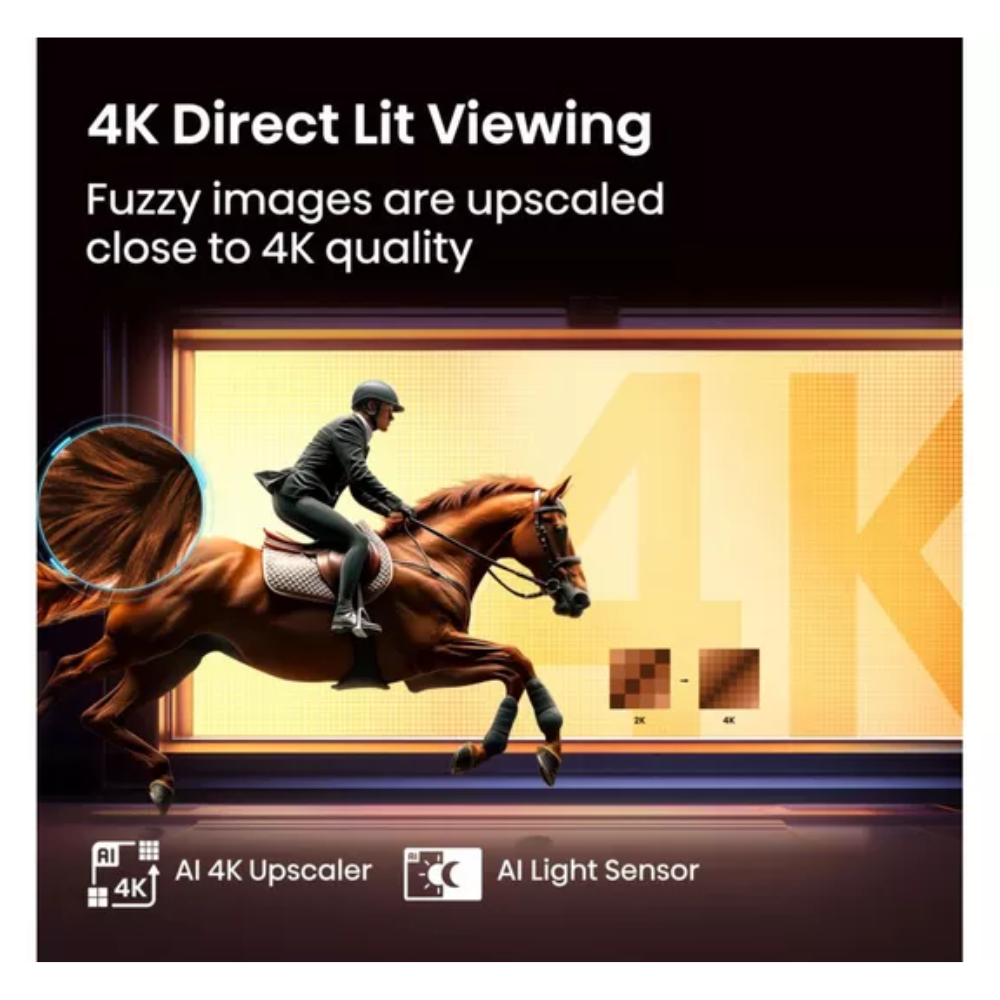 QLED 4K Smart AI TV screen showing horse action and 4K Direct Lit Viewing text