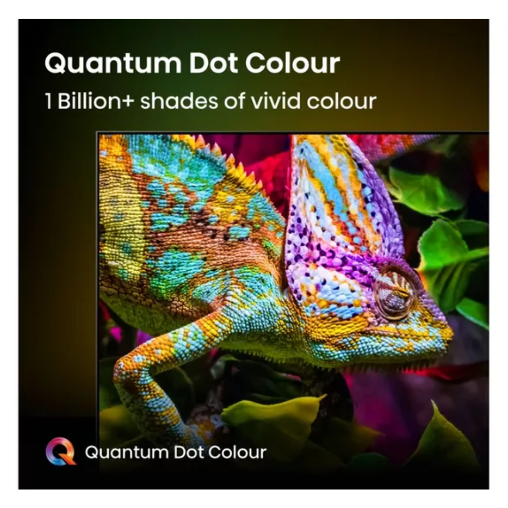 QLED 4K Smart AI TV screen with colorful chameleon image and Quantum Dot Colour text