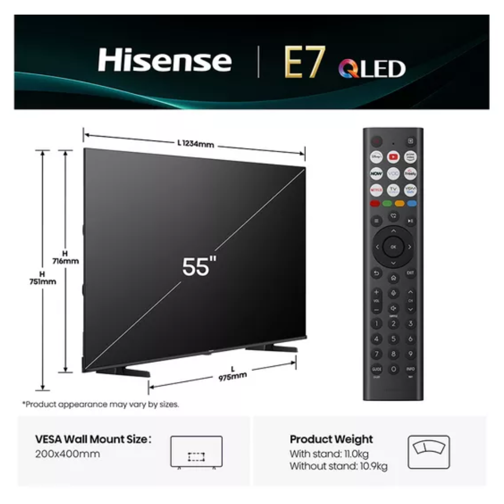 55-inch Hisense QLED 4K TV with remote control and size diagram, VESA 200x400mm