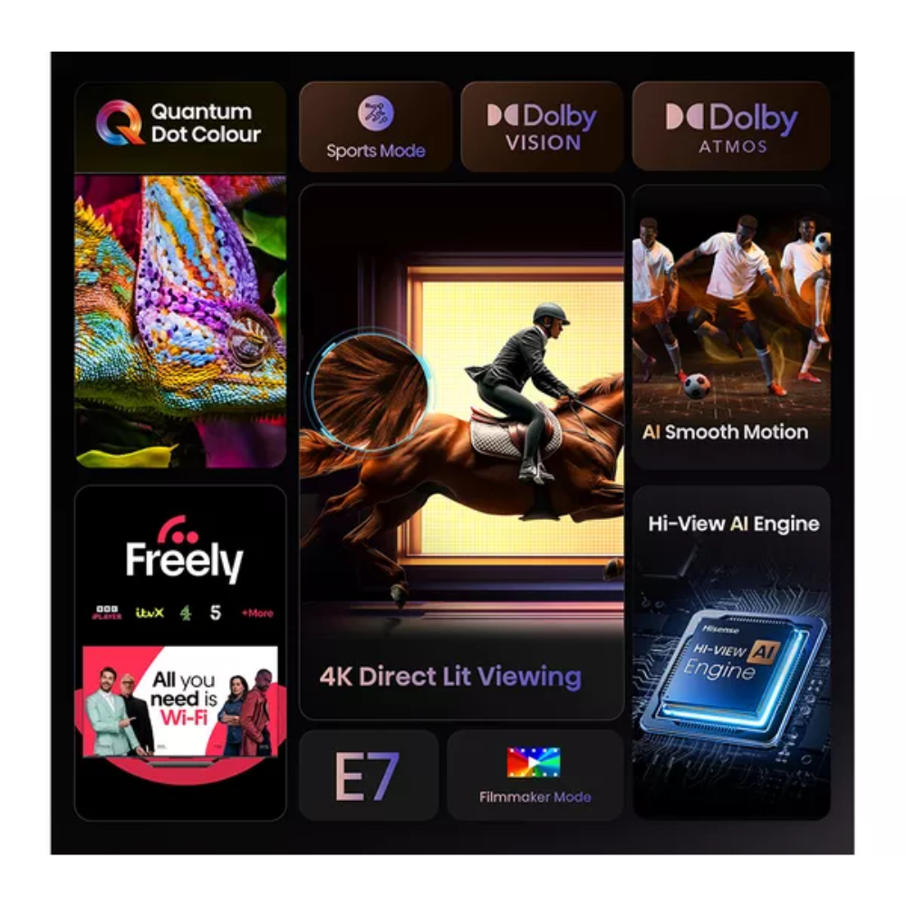 Hisense QLED 4K TV screen with feature tiles: Quantum Dot Colour, Dolby Vision, Freely