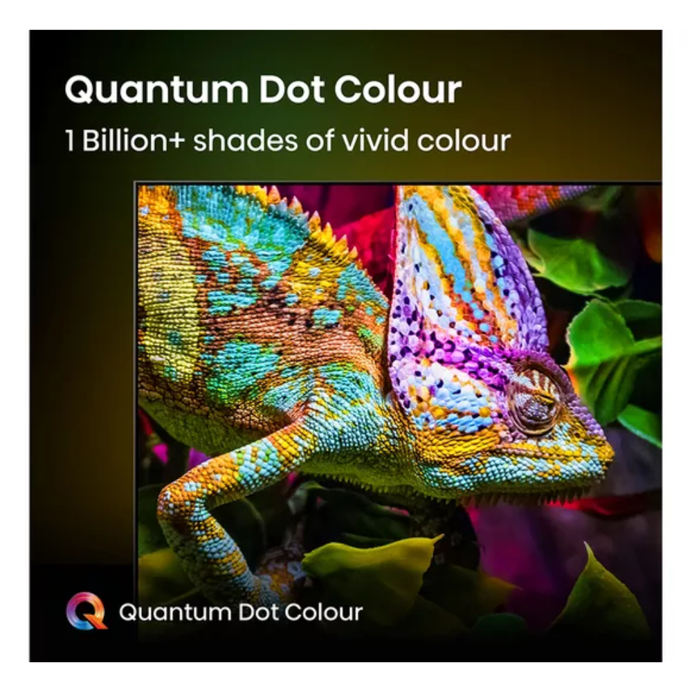 Hisense QLED 4K TV display with chameleon image and Quantum Dot Colour text