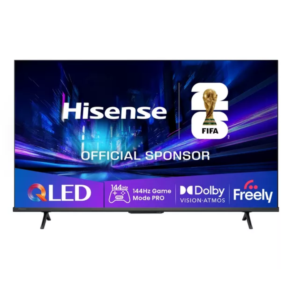 50-inch QLED 4K smart TV front view with FIFA, Dolby Vision, and Freely icons