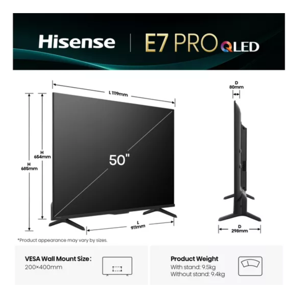 50-inch QLED 4K TV with stand, side profile and size dimension diagram