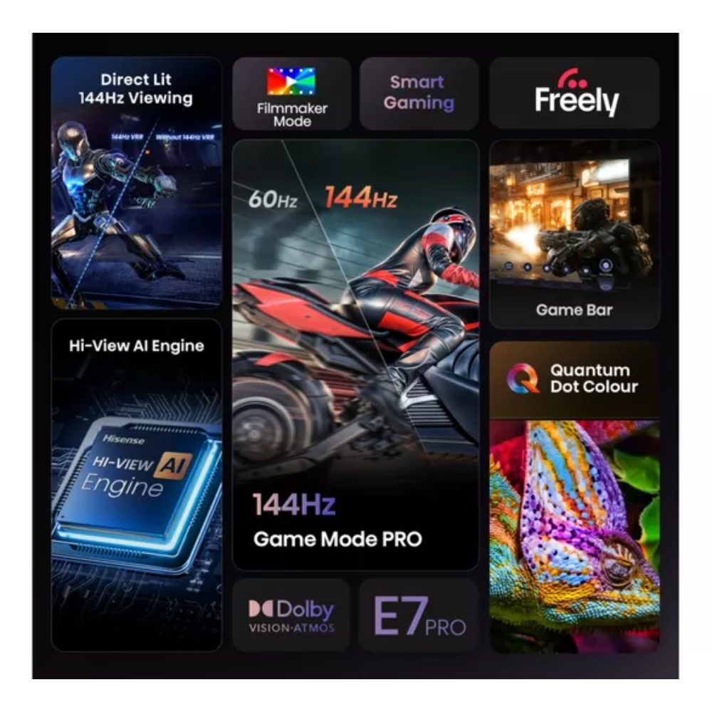 50-inch QLED 4K smart TV screen showing Direct Lit 144Hz, Dolby Vision, and Freely