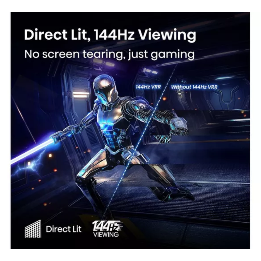 65" Hisense QLED 4K TV screen showing Direct Lit and 144Hz viewing graphic