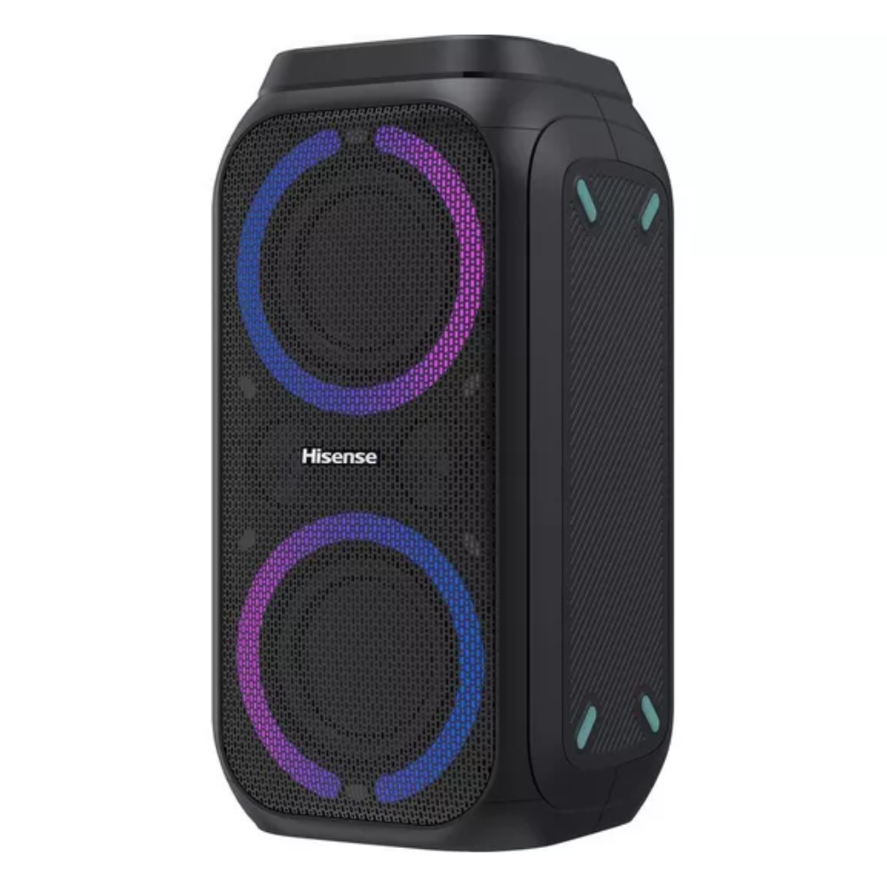 Portable party speaker, black cabinet with dual purple and blue LED ring speakers