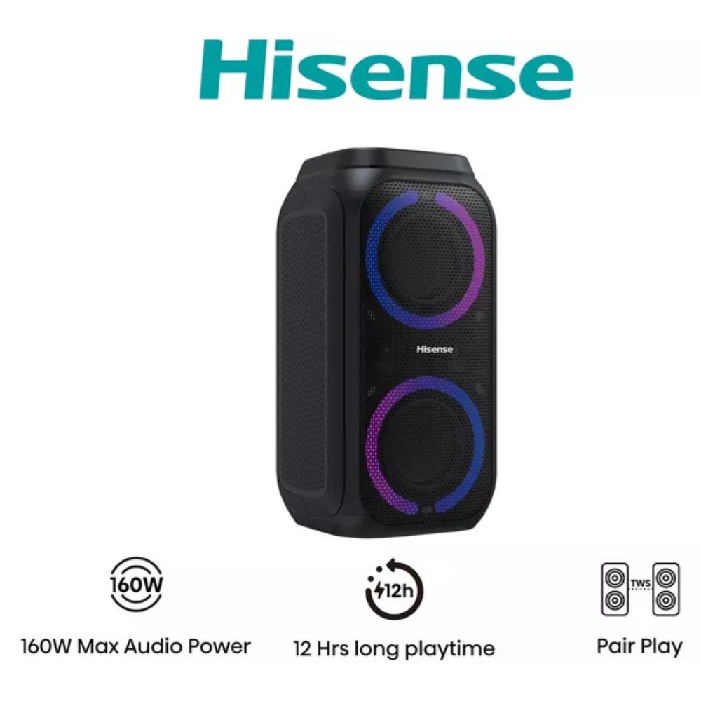 Portable party speaker with Hisense logo and side panel, black with blue and purple lights