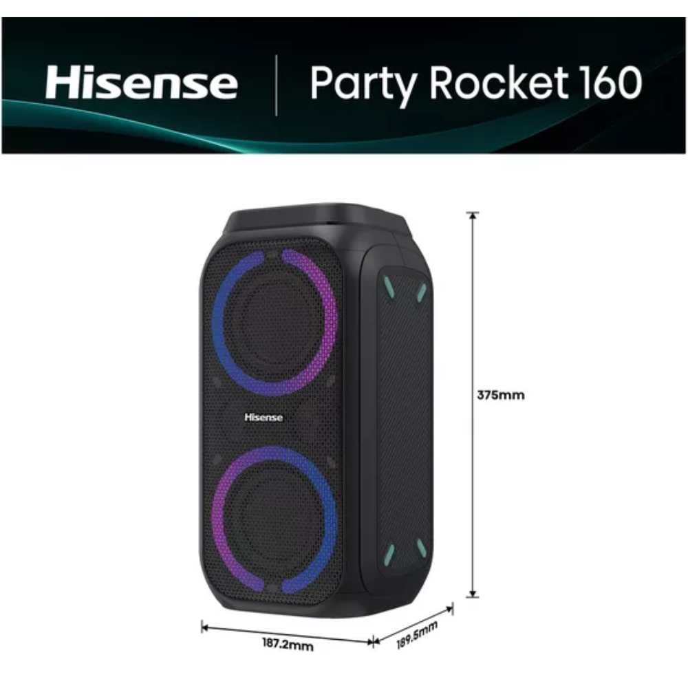 Portable party speaker with dual drivers and LED rings, black with side controls