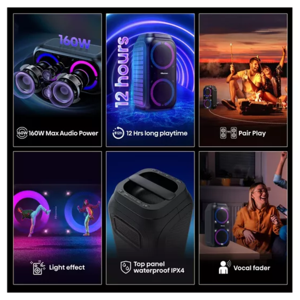 Portable party speaker with RGB light effects, top panel, and pairing icons