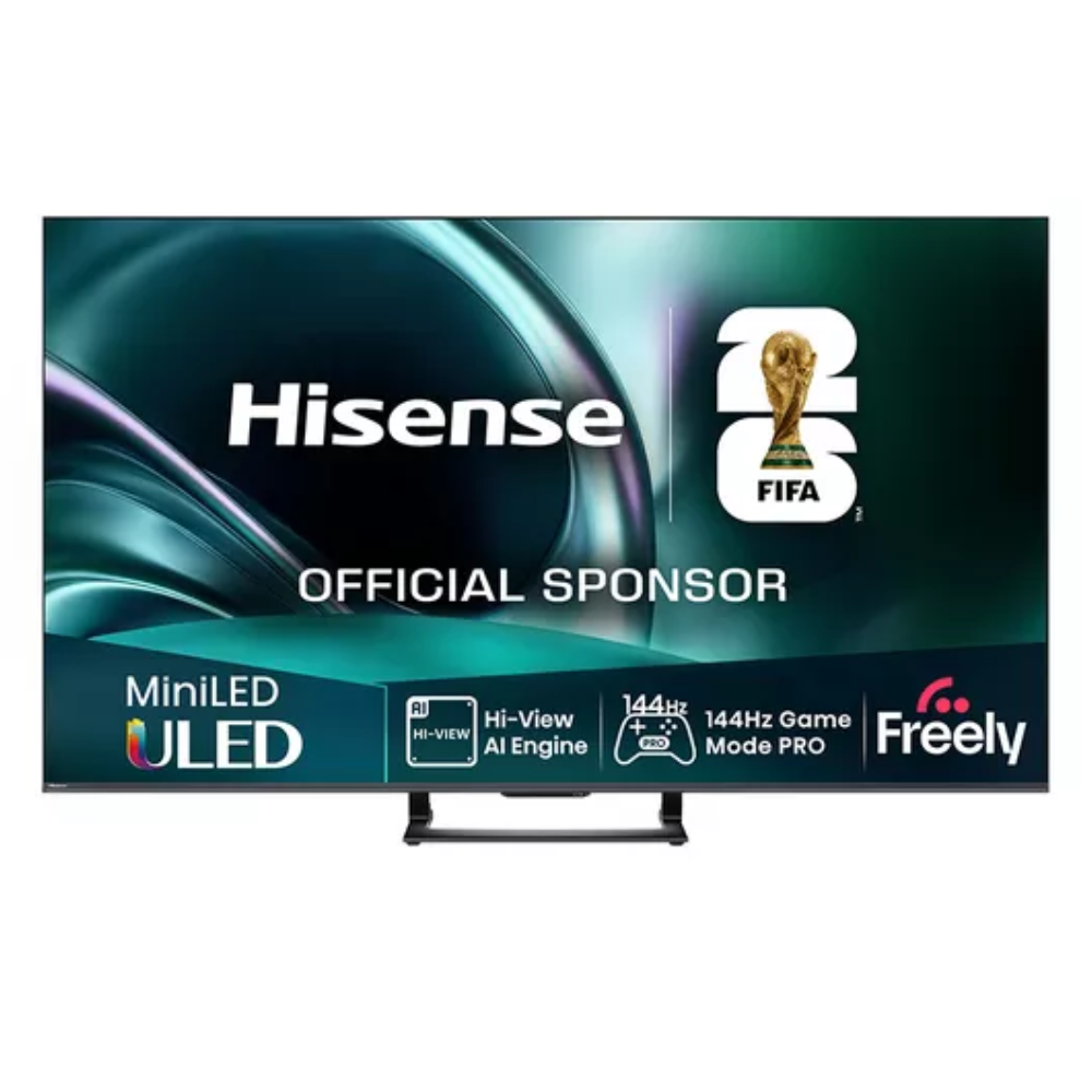 Hisense 50-inch Mini LED 4K smart TV with stand, Freeely and FIFA sponsor badge