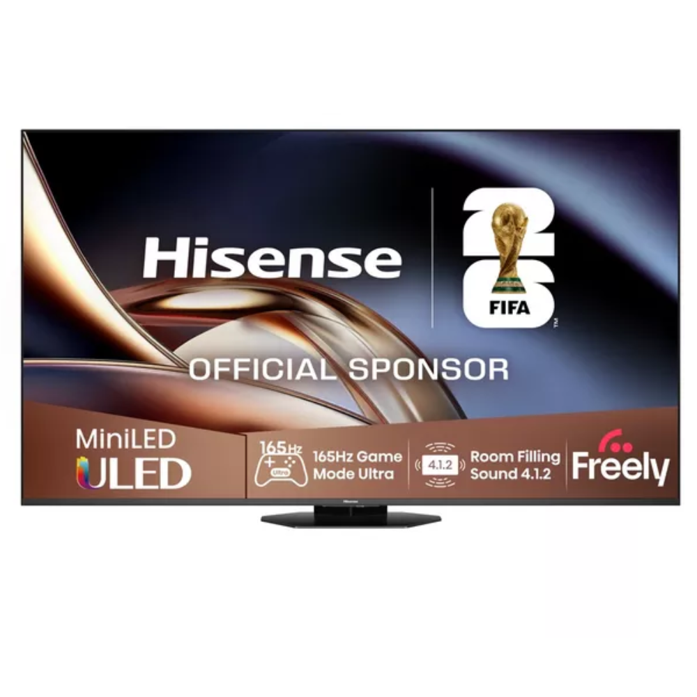 55-inch Hisense MiniLED 4K TV with pedestal stand, colorful game-themed screen
