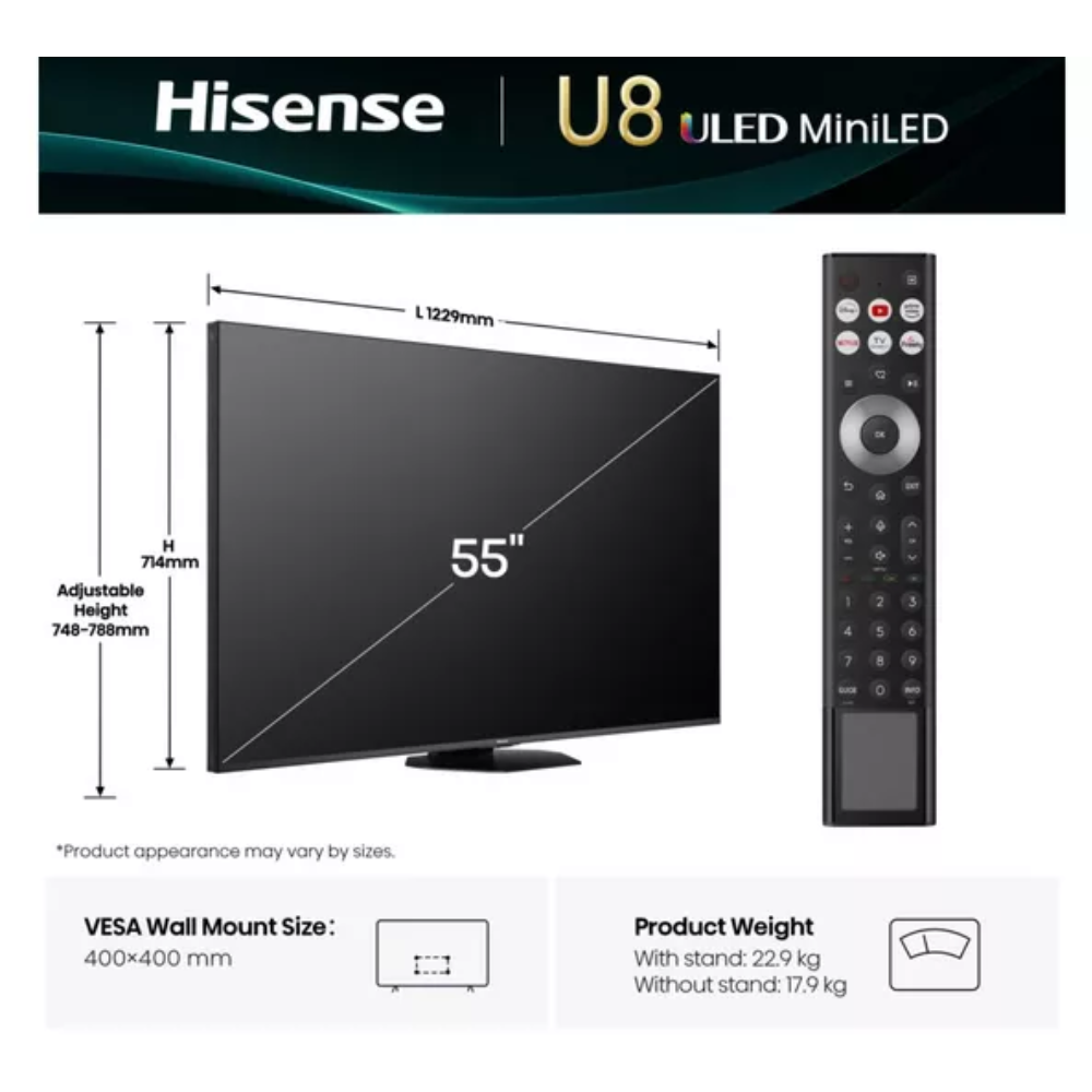 55-inch Hisense U8 MiniLED 4K TV front view with remote control and size diagram