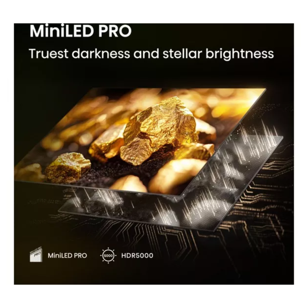 55-inch Hisense MiniLED Pro TV screen with bright gold rock graphic