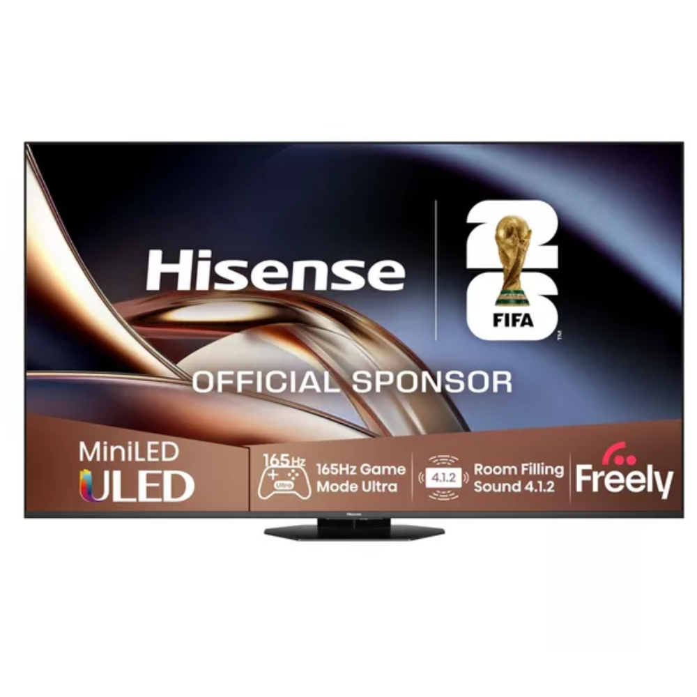 Hisense 65-inch Mini LED 4K smart TV with slim stand; FIFA banner on screen