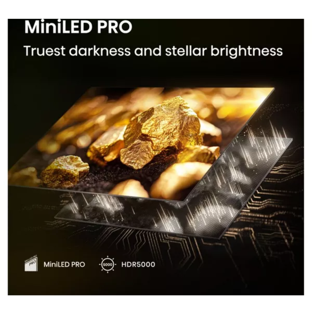 MiniLED PRO promotional screen graphic with dark background and gold rock highlights
