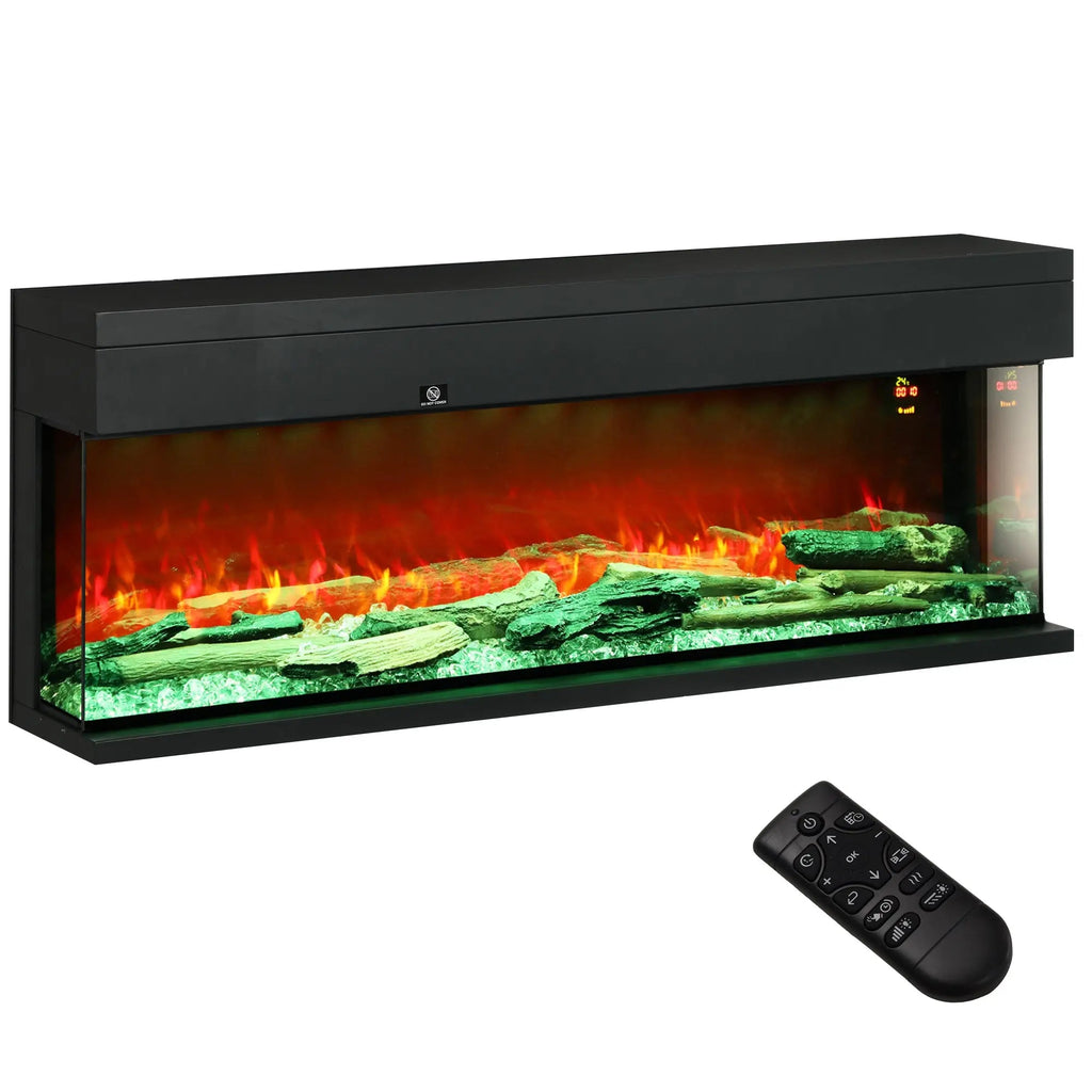 Black glass-paneled flame-effect electric convector heater with remote control