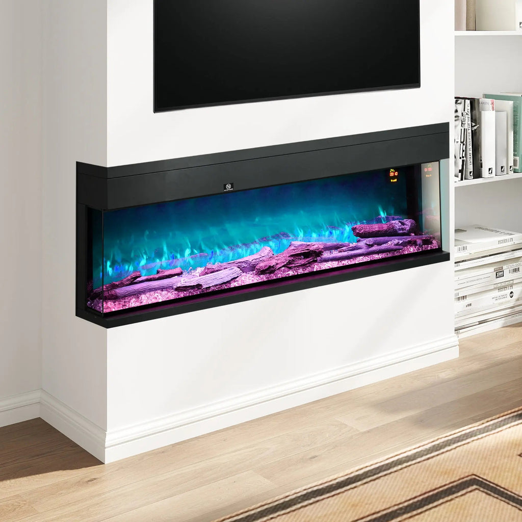 Black glass-paneled flame-effect electric convector heater mounted on wall