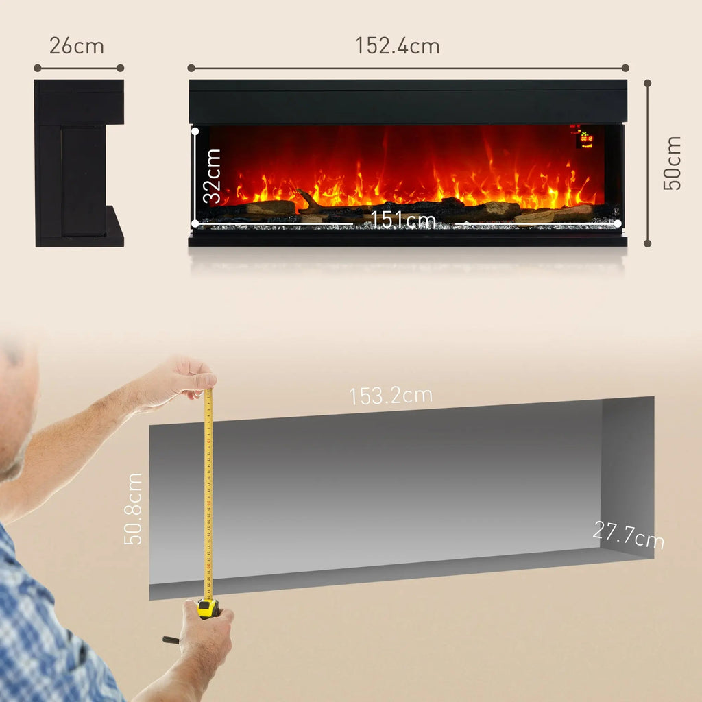 Black glass-paneled electric convector heater with size measurements diagram